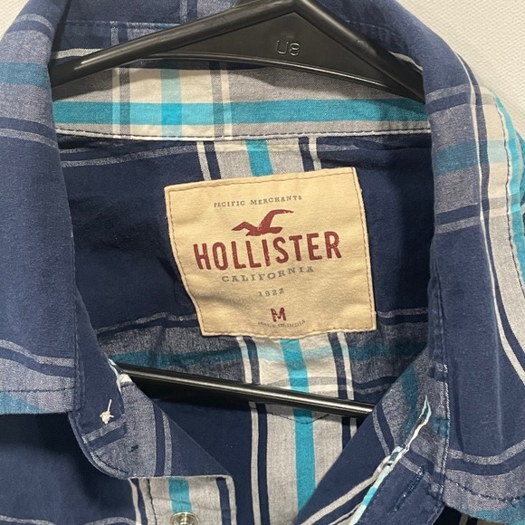 Hollister Mens Plaid Long Sleeve Snap Button Shirt Blue Turquoise M - Picture 3 of 8